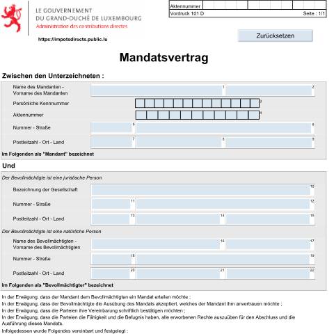 Aperçu du document de Mandatsvertrag – Vordruck 101 — Declaration impot, Luxembourg (CERFA n°101d)