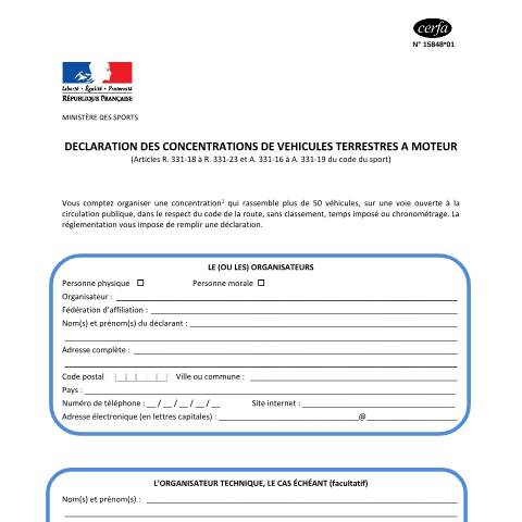 Aperçu du document Déclaration d'une manifestation sportive motorisée non chronométrée sur la voie publique — Particuliers, France (CERFA n°15848*01)