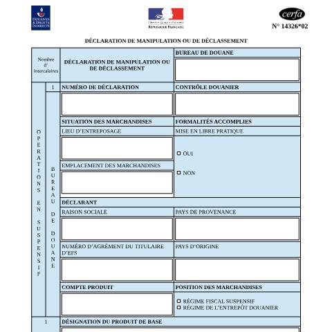 Aperçu du document Déclaration de manipulation ou de déclassement — Professionnels, France (CERFA n°14326*02)