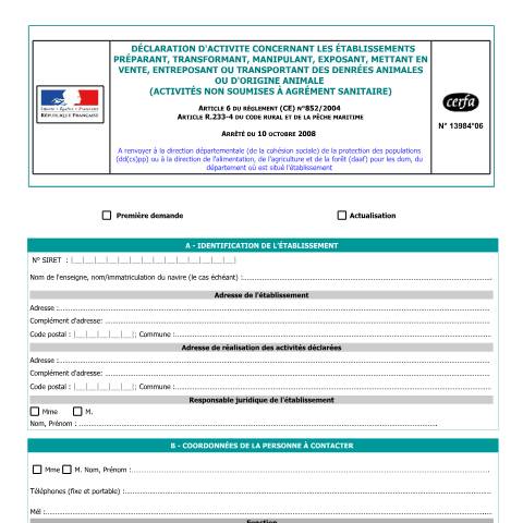 Aperçu du document Déclaration de manipulation de denrées alimentaires d'origine animale — Particuliers, France (CERFA n°13984*06)