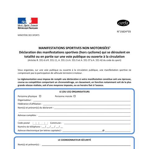 Aperçu du document Déclaration d'une marche ou d'une course à pied chronométrée sur la voie publique — Particuliers, France (CERFA n°15824*03)