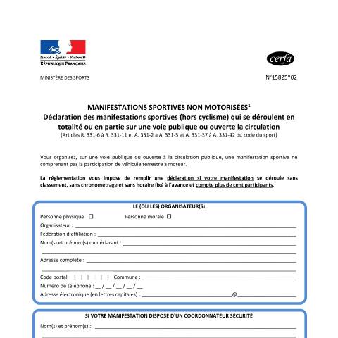 Aperçu du document Déclaration d'une marche ou d'une course à pied non chronométrée sur la voie publique — Particuliers, France (CERFA n°15825*02)