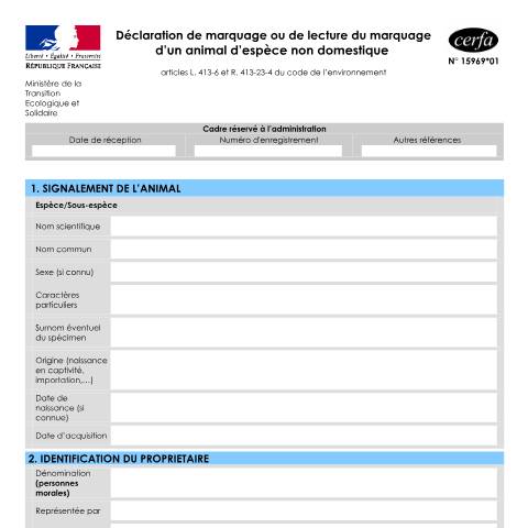 Aperçu du document Déclaration de marquage ou de lecture du marquage d'un animal d'espèce non domestique — Professionnels, France (CERFA n°15969*01)