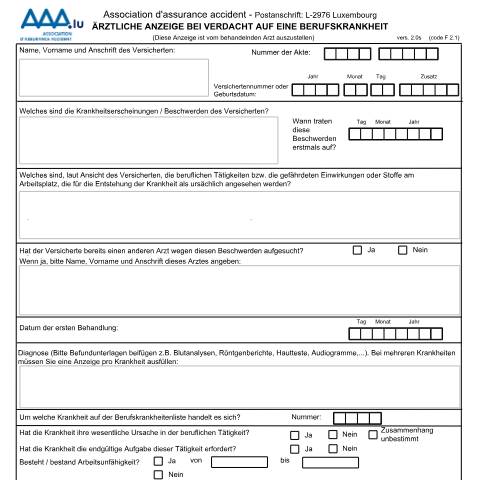 Aperçu du document de Ärztliche Anzeige bei Verdacht auf eine Berufskrankheit — Accident maladie, Luxembourg (CERFA n°declaration-medicale-malprof)