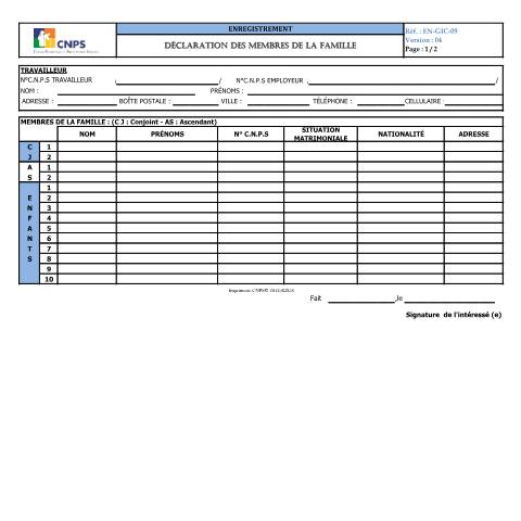Aperçu du document DECLARATION DES MEMBRES DE LA FAMILLE (version 04) — Document CNPS (prévoyance sociale), Côte d'Ivoire