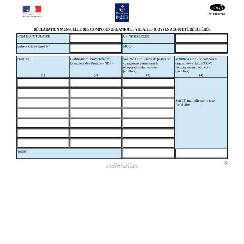 Aperçu du document Déclaration mensuelle des composés organiques volatils (COV) en acquitté récupérés — Professionnels, France (CERFA n°11072*02)