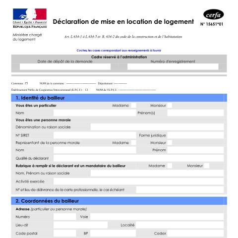 Aperçu du document Déclaration de mise en location de logement — Particuliers, France (CERFA n°15651*01)