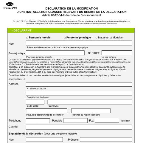 Aperçu du document Déclaration de modification d'une ICPE relevant du régime de la déclaration (cerfa n°15272) — Professionnels, France (CERFA n°15272*03)