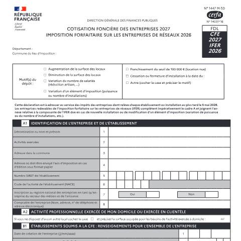 Aperçu du document Déclaration modificative 1447-M-SD (CFE) — Professionnels, France (CERFA n°14031*16)