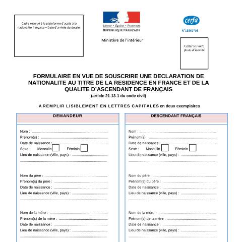 Aperçu du document Déclaration de nationalité française (ascendant de Français) — Particuliers, France (CERFA n°15561*03)
