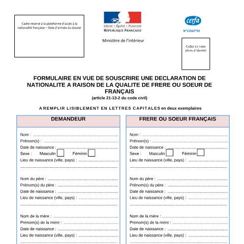 Aperçu du document Déclaration de nationalité française (frère ou sœur de Français) — Particuliers, France (CERFA n°15562*03)
