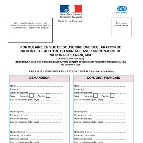Aperçu du document Déclaration de nationalité française - Mariage avec un français — Particuliers, France (CERFA n°15277*04)