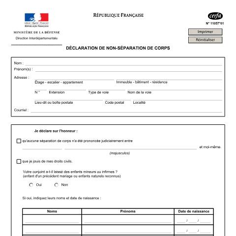 Aperçu du document Déclaration de non-séparation de corps — Particuliers, France (CERFA n°11057*01)