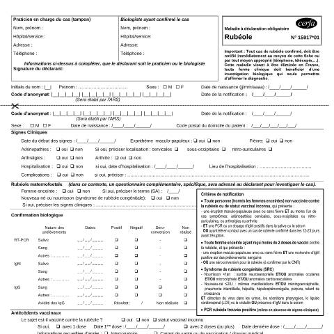 Aperçu du document Déclaration obligatoire des cas de rubéoles — Professionnels, France (CERFA n°15917*01)