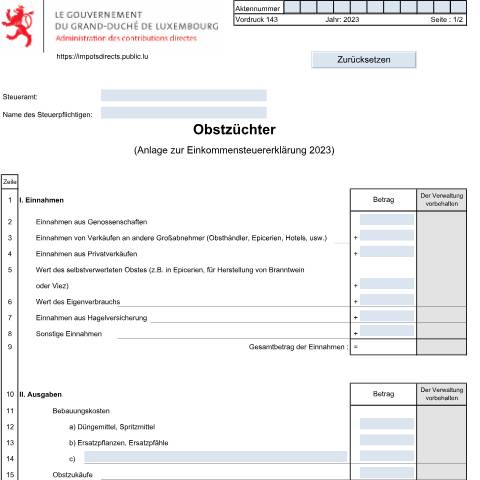 Aperçu du document Anlage: "Obstzüchter" — Annexes et bonifications d'impôt, Luxembourg (CERFA n°143)