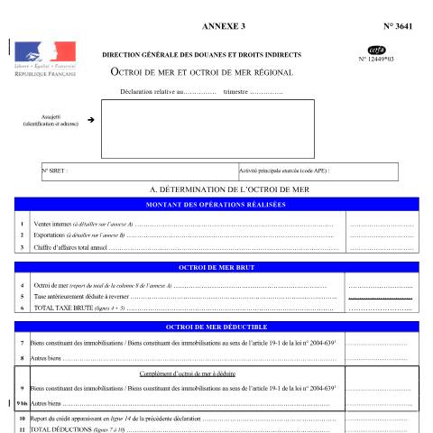 Aperçu du document Déclaration de la taxe portant sur l'octroi de mer et octroi de mer régional — Professionnels, France (CERFA n°12449*03)