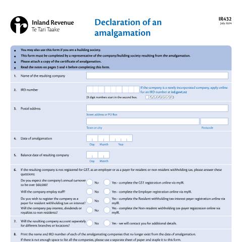 Document preview: Declaration of an amalgamation — Property, New Zealand (CERFA n°IR432)