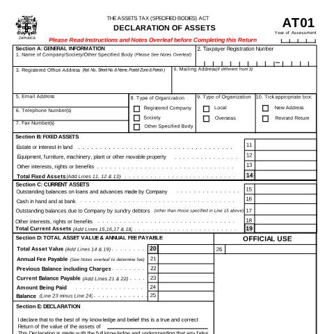 Document preview: Form AT01 - DECLARATION OF ASSET for SPECIFIED BODIES — Form, Jamaica (CERFA n°declaration_of_assets-2)