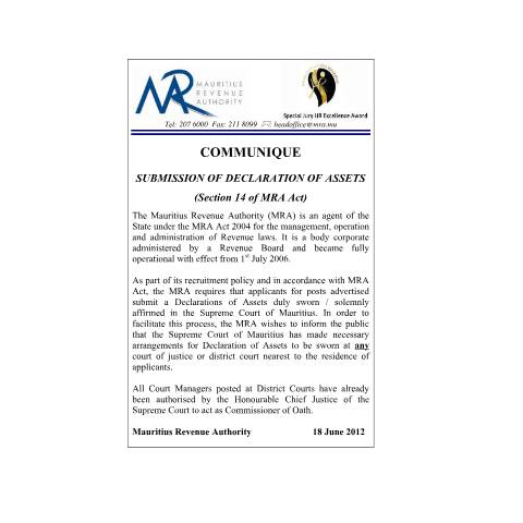 Document preview: Submission of Declaration of Assets (18.06.2012) — Form, Mauritius (CERFA n°CommuniqueDeclarationOfAssets)