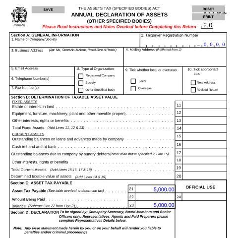 Document preview: AT01 - Declaration of Assets (Specified Bodies) — Form, Jamaica (CERFA n°AT01_072018)