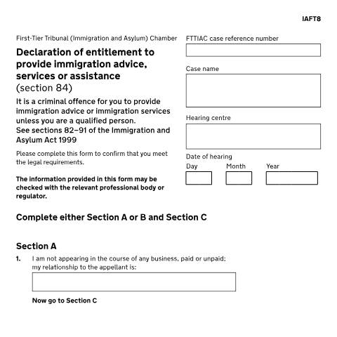 Document preview: Declaration of entitlement to provide immigration advice, service or assistance: Form IAFT8 — HM Courts & Tribunals Service, United Kingdom