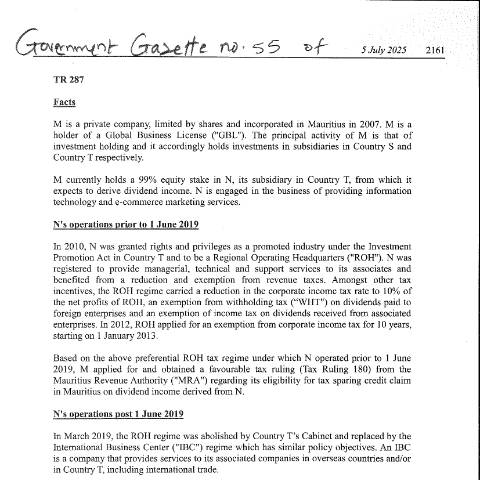 Document preview: TR 287 — Document, Mauritius (CERFA n°TR287)