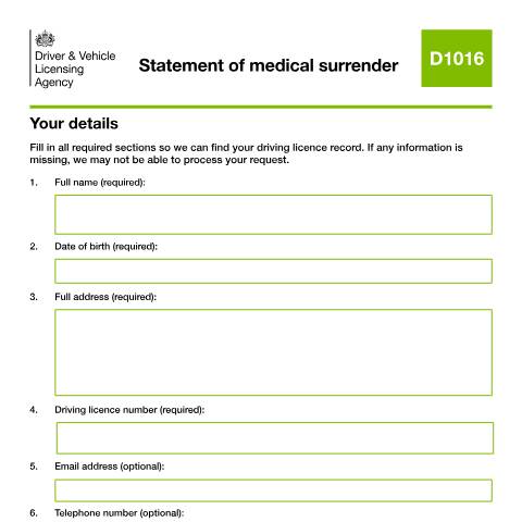 Document preview: Declaration of voluntary surrender for medical reasons — Driver and Vehicle Licensing Agency, United Kingdom