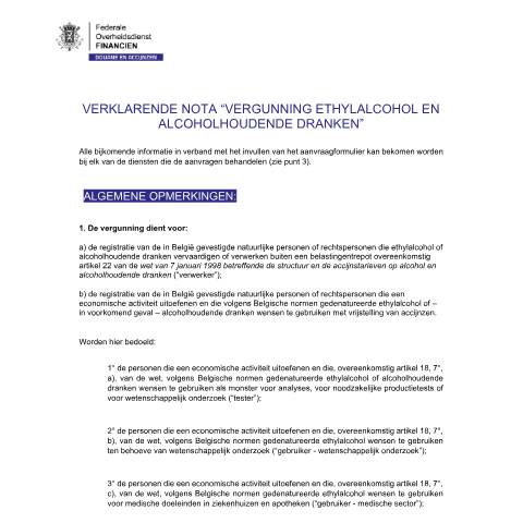 Aperçu du document Verklarende nota (PDF, 611.9 KB) — Alcohol en alcoholhoudende dranken, Belgique (CERFA n°Verklarende-nota-vergunning-ethylalcohol-alcoholhoudende-dranken-010525)