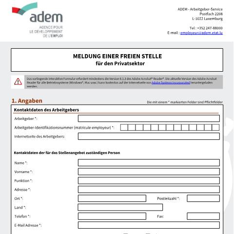 Aperçu du document de Meldung einer freien Stelle für den Privatsektor — Contrat recrutement, Luxembourg (CERFA n°place-vacante-secteur-prive)