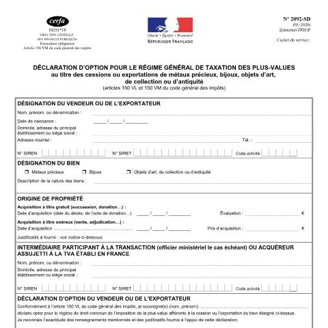 Aperçu du document Déclaration d'option pour le régime général de taxation des plus-values - Ventes de métaux précieux, bijoux, objets d'art, de collection et d'antiquité — Professionnels, France (CERFA n°10251)