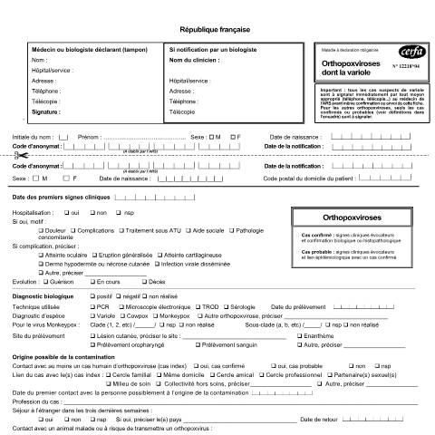 Aperçu du document Maladie à déclaration obligatoire - Orthopoxviroses (dont la variole) — Particuliers, France (CERFA n°12218*04)