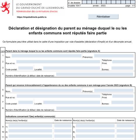 Aperçu du document Déclaration et désignation du parent au ménage duquel le ou les enfants communs sont réputés faire partie — Annexes, Luxembourg (CERFA n°104 F)