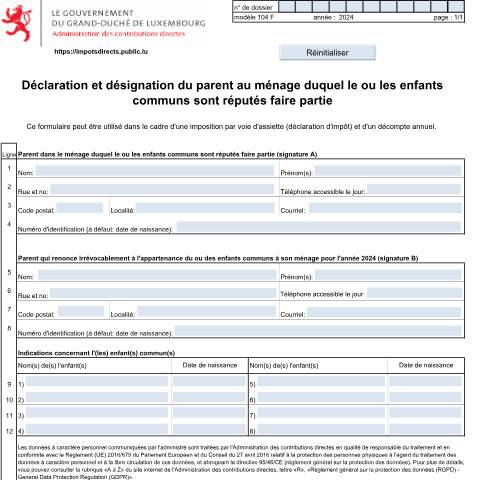 Aperçu du document Déclaration et désignation du parent au ménage duquel le ou les enfants communs sont réputés faire partie — Annexes, Luxembourg (CERFA n°104 F)
