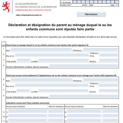 Aperçu du document Déclaration et désignation du parent au ménage duquel le ou les enfants communs sont réputés faire partie — Annexes, Luxembourg (CERFA n°104 F)