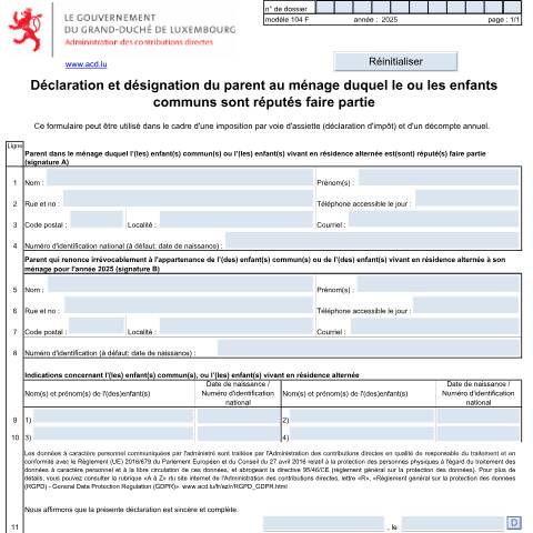 Aperçu du document Déclaration et désignation du parent au ménage duquel le ou les enfants communs sont réputés faire partie — Annexes, Luxembourg (CERFA n°104 F)