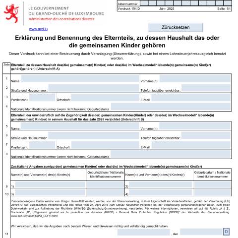 Aperçu du document Erklärung und Benennung des Elternteils, zu dessen Haushalt das oder die gemeinsamen Kinder gehören — Annexes, Luxembourg (CERFA n°104 D)