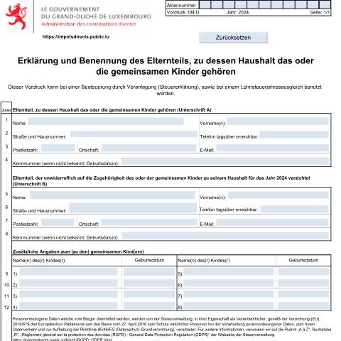 Aperçu du document Erklärung und Benennung des Elternteils, zu dessen Haushalt das oder die gemeinsamen Kinder gehören — Annexes, Luxembourg (CERFA n°104 D)