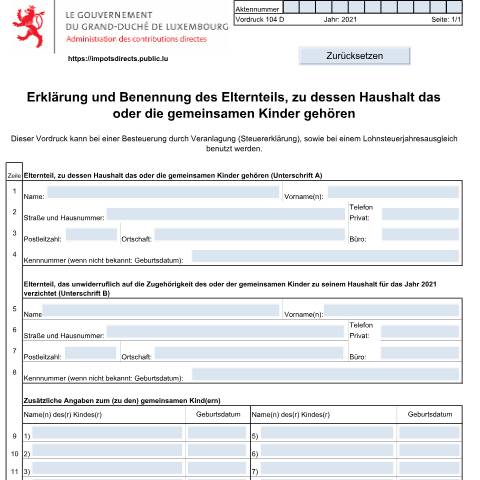 Aperçu du document Erklärung und Benennung des Elternteils, zu dessen Haushalt das oder die gemeinsamen Kinder gehören — Annexes, Luxembourg (CERFA n°104 D)