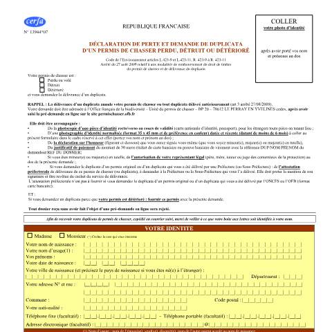 Aperçu du document Déclaration de perte et demande de duplicata d'un permis de chasser perdu, détruit, détérioré — Particuliers, France (CERFA n°13944*07)