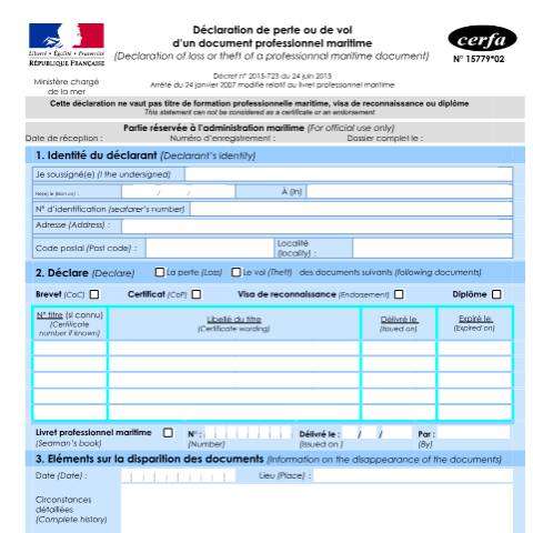 Aperçu du document Déclaration de perte ou de vol d'un document professionnel maritime (Declaration of loss or theft of a professionnal maritime document) — Professionnels, France (CERFA n°15779*02)