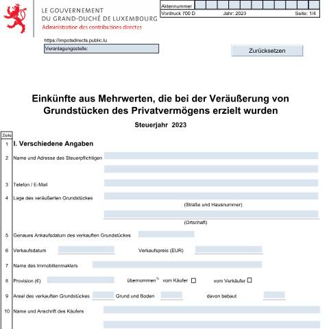 Aperçu du document Einkünfte aus Mehrwerten, die bei der Veräußerung von Grundstücken des Privatvermögens erzielt wurden — Plus-values d'immeubles du patrimoine privé, Luxembourg (CERFA n°700 D)