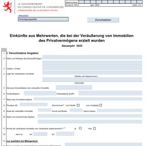Aperçu du document Einkünfte aus Mehrwerten, die bei der Veräußerung von Grundstücken des Privatvermögens erzielt wurden — Plus-values d'immeubles du patrimoine privé, Luxembourg (CERFA n°700 D)
