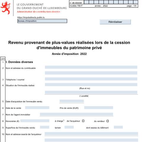 Aperçu du document Revenu provenant de plus-values réalisées lors de la cession d’immeubles du patrimoine privé — Plus-values d'immeubles du patrimoine privé, Luxembourg (CERFA n°700 F)