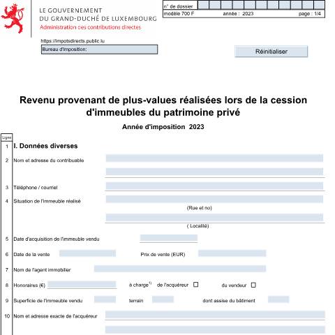 Aperçu du document Revenu provenant de plus-values réalisées lors de la cession d’immeubles du patrimoine privé — Plus-values d'immeubles du patrimoine privé, Luxembourg (CERFA n°700 F)