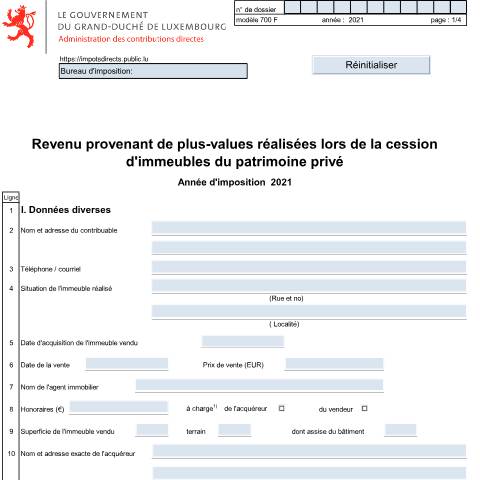 Aperçu du document Revenu provenant de plus-values réalisées lors de la cession d’immeubles du patrimoine privé — Plus-values d'immeubles du patrimoine privé, Luxembourg (CERFA n°700 F)