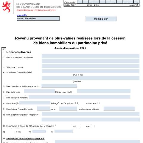 Aperçu du document Revenu provenant de plus-values réalisées lors de la cession d’immeubles du patrimoine privé — Plus-values d'immeubles du patrimoine privé, Luxembourg (CERFA n°700 F)