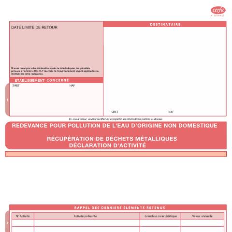 Aperçu du document Redevance pour pollution de l'eau d'origine non domestique et pour modernisation des réseaux de collecte - Récupération de déchets métalliques — Professionnels, France (CERFA n°13738*05)