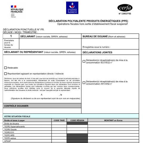 Aperçu du document Déclaration polyvalente en suite d'importation, de circulation intracommunautaire ou lors d'opérations fiscales spécifiques assimilables à des mises à la consommation — Professionnels, France (CERFA n°13453*04)