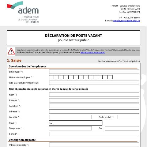 Aperçu du document Déclaration de poste vacant pour le secteur public — Contrat recrutement, Luxembourg (CERFA n°place-vacante-secteur-public)