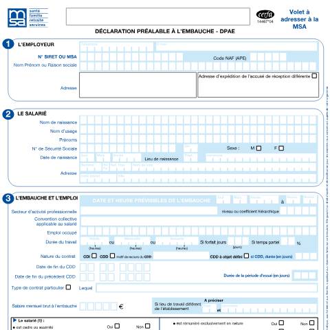 Aperçu du document Déclaration préalable à l'embauche (DPAE) pour un salarié agricole — Professionnels, France (CERFA n°14467*04)